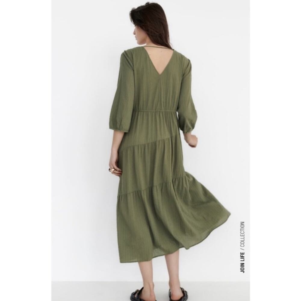 Zara Green Tiered Textured Midi Dress Size XS - Picture 3 of 10